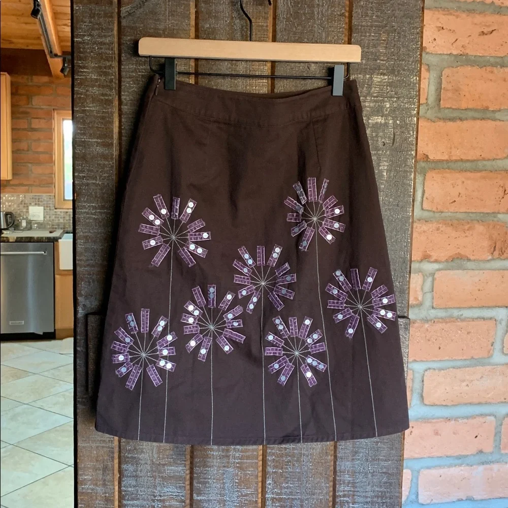 Boden Brown Purple Applique A-Line Cotton Skirt Lined Size 4 Boho Easy Breezy